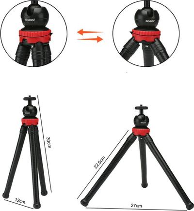 Tripod fleksibil Gagou, universale për telefon dhe GoPro, filetë 1/4", i zi me të kuqe
