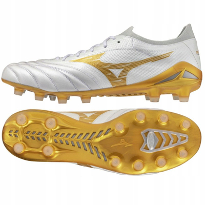 Këpuca futbolli Mizuno Morelia Neo IV Beta Elite FG AG, lëkurë kanguri, tapet natyral dhe sintetik, e bardhë me ari