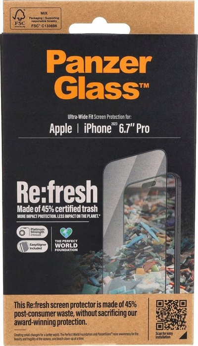 Заштита за екран PanzerGlass Recycled Glass UWF WA, за iPhone 15 Pro Max, калено стакло, проѕирно