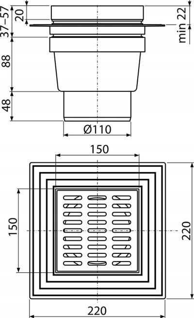 Kullues dyshemeje vertikal inox, 150x150mm, DN110, argjendtë