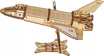 Puzzle druri Ugears NASA Space Shuttle Discovery, model mekanik 3D, shkalla 1:96, ngjyrë druri natyrale