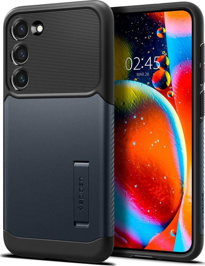 Kllëf telefoni Spigen Slim Armor për Samsung Galaxy S23 Plus, me këmbë mbajtëse, Metal Slate
