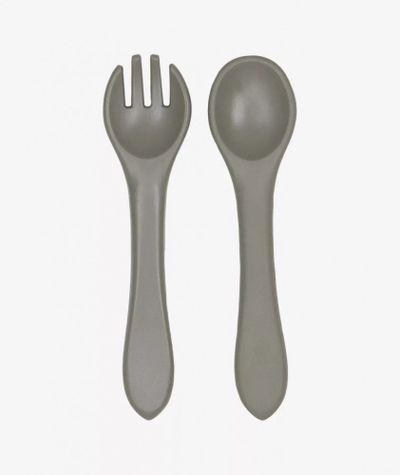 Set lugë dhe pirun silikoni Baby, ergonomik, 100% silikon, gri
