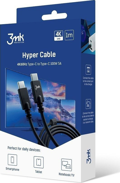 Kabllo karikimi 3MK Hyper Cable, USB C në USB C, 100W, 1m, e zezë