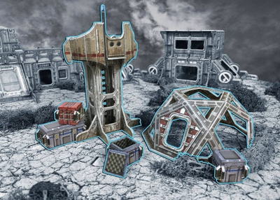 Set terreni Battle Systems Sci-fi Outlands Explorer Station, karton i printuar, shkallë 28–35mm, shumëngjyrësh