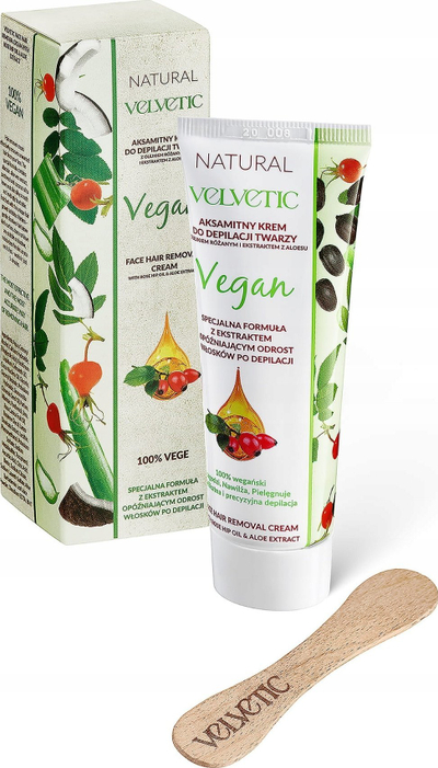 Krem për depilim fytyre Velvetic Natural Velvety, me vaj trëndafili dhe aloe, vegan, 50 ml
