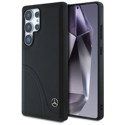Mbulesë telefoni Mercedes-Benz Leather Curved Stitches për Samsung Galaxy S25 Ultra, lëkurë e vërtetë, e zezë