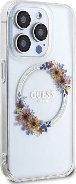 Mbulesë telefoni Guess IML Wreath me MagSafe për iPhone 15 Pro Max, transparente