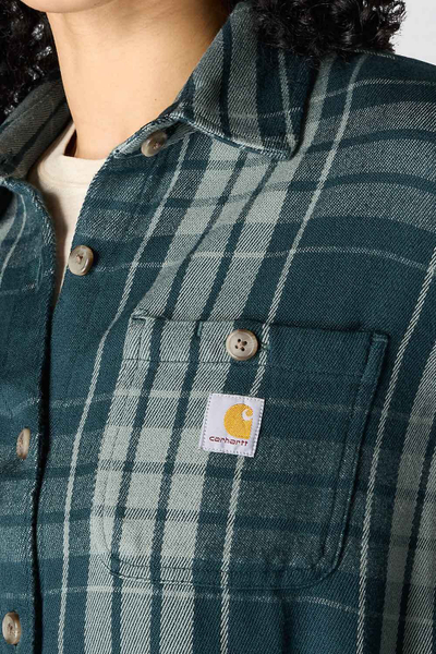 Фланелска кошула за жени Carhartt TENCEL Fiber Series, широк крој, со долги ракави, зелена со квадрати