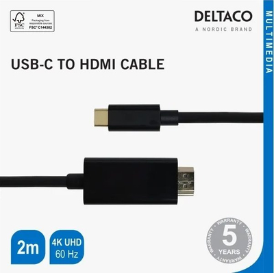 Kabllo video Deltaco USB-C në HDMI, 2m, 4K UHD, e zezë