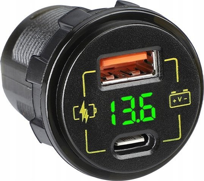 Karikues makine me panel USB dhe USB C, 12 24V, voltmetër LED, i zi