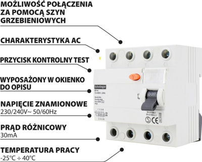 Shkëputës diferencial Schelinger RCD, 3-fazor 4P, 25A 30mA AC, gri