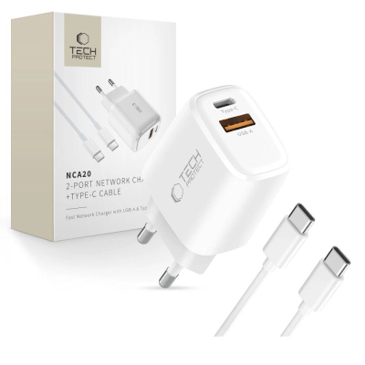 Karikues muri Tech-Protect NCA20, 20W PD QC3.0, 2 porta USB-A USB-C, i bardhë