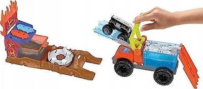Set loje Hot Wheels Monster Trucks 5 Alarm Rescue, Color Shifters, me 1 monster truck dhe 2 makina, shumëngjyrësh