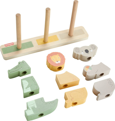 Lodër druri Fisher-Price Wooden Stack and Sort Animals, edukative, shumëngjyrëshe