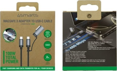 Кабел за полнење 4smarts ComboCord, USB C во MagSafe 3, 100W, 2m, бел