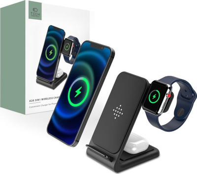 Karikues wireless 3-n-1 Tech-Protect QI15W A20, 15W, për telefon, orë edhe kufje, i zi