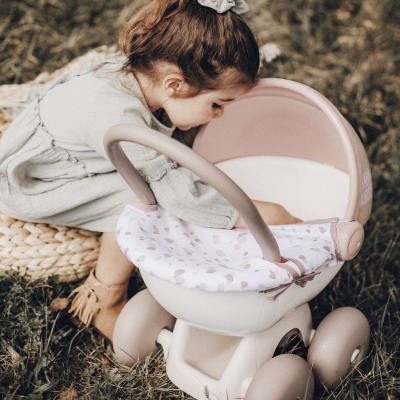 Karrocë lodër për kukulla Smoby Baby Nurse, për kukulla deri 42 cm, me tendë, rozë me të bardhë