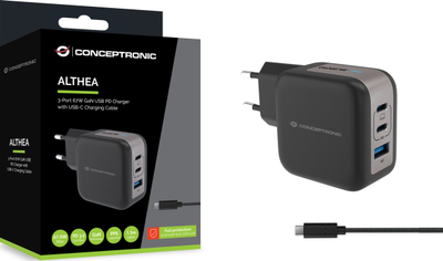Полнач Conceptronic 3 порти GaN, 67W, USB PD и брзо полнење, бел