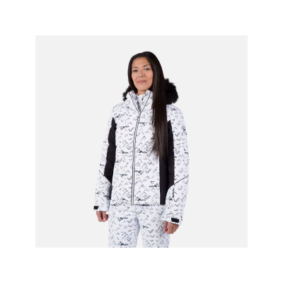 Јакна за скијање Rossignol Staci Puffy за жени, водоотпорна, со капуљача со вештачко крзно, бело-црна