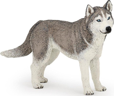 Figurinë qen Siberian Husky Papo, 11cm, plastike, gri me të bardhë