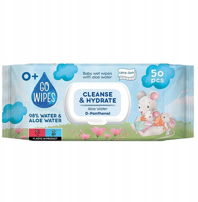 Shamponeta për bebe Gowipes Cleanse & Hydrate, Aloe Vera, për lëkurë të ndjeshme, 50 copë
