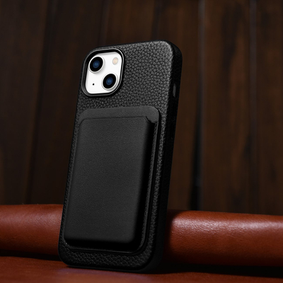 Këllëf lëkure iCarer Litchi Premium për iPhone 14 Plus, MagSafe, i zi