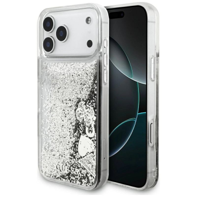 Kapak telefoni Guess Liquid Glitter Charms GUHCP17XGLHFLSI, për iPhone 17 Pro Max, transparent me shkëlqim, ngjyrë argjendi