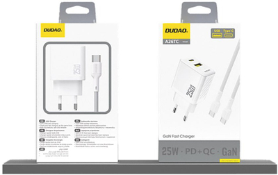 Полнач USB Dudao A26TEU GaN, 25W, 2 порти USB A и USB C, бел