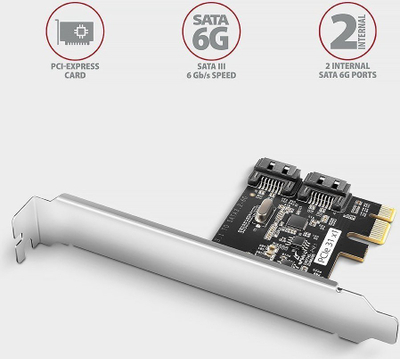 Kартичка контролер PCIe Axagon PCES-SJ2, 2x SATA 6 Gb/s, чипсет JMB582, со стандардна и low profile носачка