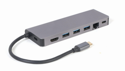 Përshtatës Gembird A-CM-COMBO5-05, USB Type-C, 5-in-1, Hub, HDMI, PD, card reader, LAN, i hirtë