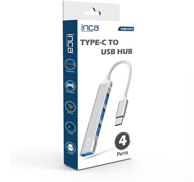 Adapter USB Inca IUSB-04TX, me 4 porta USB 2.0/3.0, hyrje USB-C, ngjyrë argjendtë