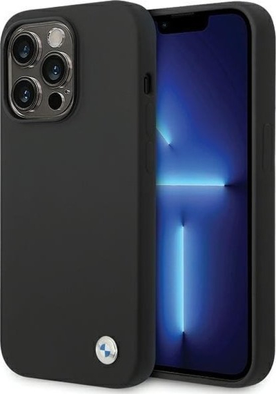 Футрола за телефон BMW Metal Logo за iPhone 15 Pro, силиконска, со метално лого, црна
