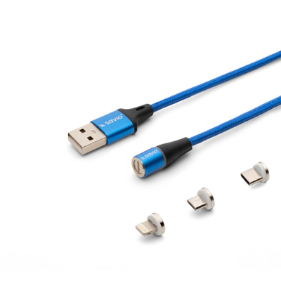 Kabllo USB Savio CL-157, USB A në USB C microUSB Lightning, 2 m, me magnet, blu