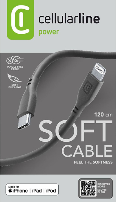 Kabllo karikimi Cellularline Soft, USB‑C në Lightning, MFi, e zezë