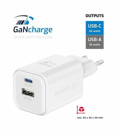 Karikues SWWISTEN GaN, 1x USB-C, 45W PD + 1x USB-A 18W QC, i bardhë