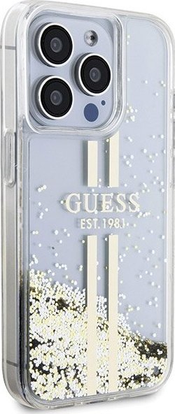 Kuti mbrojtëse Guess Liquid Glitter Gold Stripes për iPhone 15 Pro, e fortë, transparente