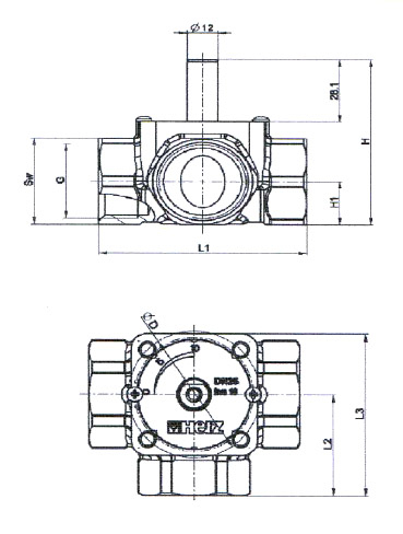 Valvul përzierëse 3‑drejtimore Herz DN 32, filetë 5/4", kvs 16, bronzi