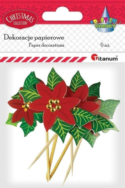 Ornamente letre 3D Titanum Paper Poinsettia, 6 copë, në shkopinj dekorativë, të kuqe