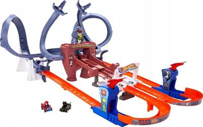 Pistë garash Hot Wheels RacerVerse Spider-Man Web-Slinging Speedway, set pistë me 2 makina