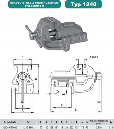 Vise fikse për punim metali Bison Bial 1240, hapje nofullash 150 mm, gize, gri