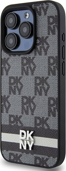 Маса за телефон DKNY, за iPhone 15 Pro, ПУ кожа со дизајн квадрати, црна