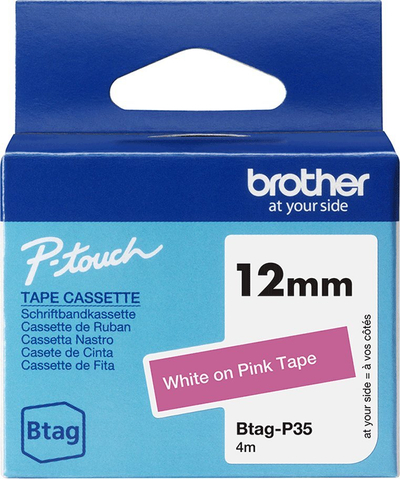 Rrip etiketues Brother BTAGP35, 12mm, tekst i bardhë në sfond rozë