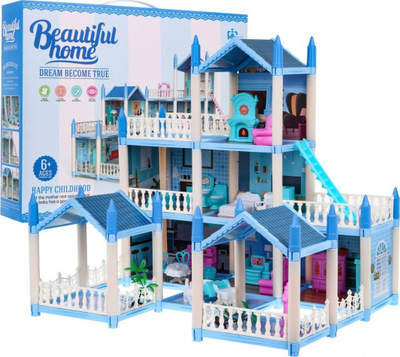 Shtëpi lodër Beautiful Home Dollhouse, 3 kate, me mobilje dhe aksesorë, blu