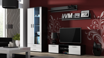 Komoda TV Bed Meble Soho 140, me rafte, e zezë e bardhë me shkëlqim