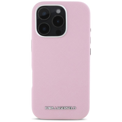 Kapak telefoni Karl Lagerfeld Saffiano Metal Logo MagSafe për iPhone 16 Pro, lëkurë eco, rozë