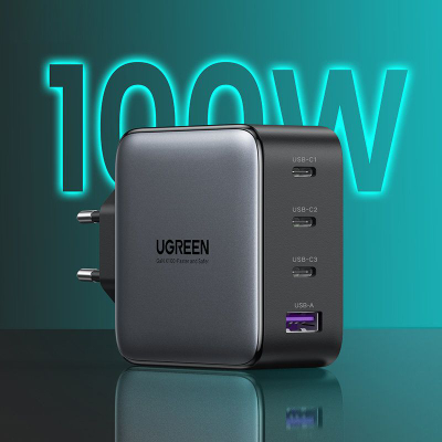 Karikues muri Ugreen Nexode 100W GaN, 3x USB-C 1x USB-A, karikim i shpejtë, gri e errët