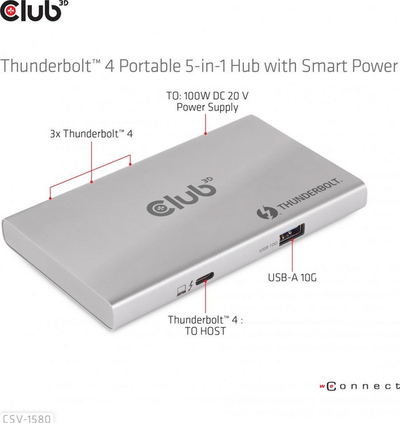 Stacion Thunderbolt 4 Club 3D CSV-1580, 3 porta Thunderbolt 4, USB A, gri