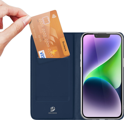 Kuti telefoni Dux Ducis Luxury Flip për iPhone 15, lëkurë PU, xhep për karta, blu e errët