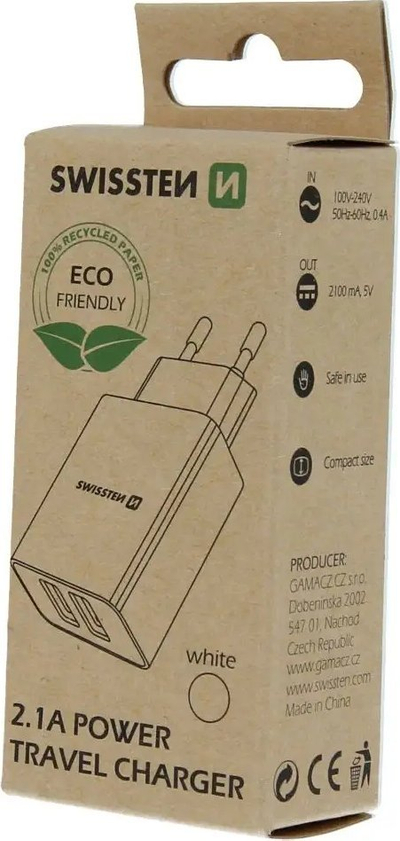 Karikues muri Swissten 2.1A Power Travel Charger, 2x USB, prizë EU, i bardhë